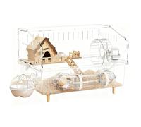 Cage pour hamster en acrylique transparent - 2 étages - Avec roue silencieuse, maison et gourde - Villa de hamster à 360° - Pour hamsters nains et gerbilles, bac profond pour litière haute
