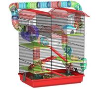 PawHut Cage pour Hamster Souris Petit Animaux Rongeur avec Tunnel Mangeoire Roue Jouet 47 x 30 x 59 cm Rouge