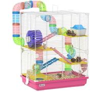 Cage pour hamster rongeur - PawHut - 5 étages avec tunnels mangeoire roue maison échelles - métal - 46 x 30 x 58 cm - rose