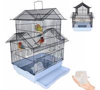 BAKAJI Cage de volière pour Oiseaux en Forme de Maison, perroquets inséparables, perruches, Oiseaux avec Chariot Coulissant en métal et balançoires en Bois, Cage Maison avec perchoirs et mangeoires