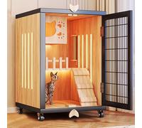 Cages for Petits Animaux Nichee en Bois for Chat roulettes Aire De Jeu Multi-Zones Espace De Rangement Supérieur Grille De Ventilation Maisons Et Balcons Cage(Natural,60 * 60 * 90cm)