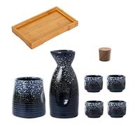 CAGFINY Set de Saké Japonais Bouteille de Saké en Céramique Tasses à Saké et Chauffe-Saké avec Plateau en Bois pour la Maison ou Le Restaurant