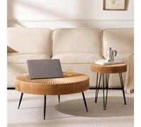 Cagnolier Lot de 2 tables basses rondes en bois au design linéaire, Ø 77 x 36 cm avec 40 x 47 cm, table basse, ronde, avec pieds en métal noir, table basse dans le salon