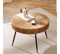 Cagnolier Table basse ronde en bois avec design linéaire, table d'appoint avec pieds en métal noir, table basse dans le salon, marron clair, diamètre 60 × 42 cm