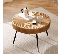 Cagnolier Table basse ronde, table d'appoint en bois avec design linéaire, table de salon avec pieds en métal noir, table basse dans le salon, marron clair, diamètre 60 × 42 cm