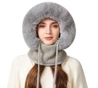 Cagoule 3 en 1 pour homme et femme - Bonnet d'hiver chaud en tricot - Doublure polaire - Masque pour le visage - Coupe-vent - Écharpe à capuche - Cachemire - Cagoule thermique - Cache-cou, gris