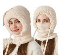 Cagoule d'hiver 3 en 1 pour femme - Bonnet tricoté thermique avec couvre-visage et cache-cou, coupe-vent pour temps froid, chapeau de ski doublé en polaire, ensemble foulard à capuche pour activités