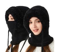 Cagoule d'hiver 3 en 1 pour femme - Bonnet tricoté thermique avec couvre-visage et cache-cou, coupe-vent pour temps froid, chapeau de ski doublé en polaire pour activités de plein air, Noir , Taille