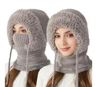Cagoule d'hiver 3 en 1 pour femme - Bonnet tricoté thermique avec couvre-visage et cache-cou, coupe-vent pour temps froid, chapeau de ski doublé en polaire pour activités de plein air, gris, Taille