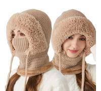 Cagoule d'hiver 3 en 1 pour Femme - Bonnet tricoté Thermique avec Couvre-Visage et Cache-Cou, Coupe-Vent pour Temps Froid, Chapeau de Ski doublé en Polaire, Ensemble Foulard à Capuche pour activités