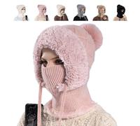 Cagoule D'hiver, Bonnet 3 en 1 avec Écharpe Et Protège Visage, Bonnet/Echarpe/Masque en Peluche, Idéale pour le Vélo, le Snowboard, le ski et la moto Masque Coupe Vent pour Homme/Femme (Rose)