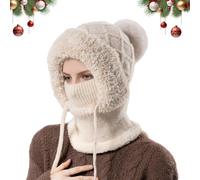 Cagoule D'hiver, Bonnet 3 en 1 avec Écharpe Et Protège Visage, Bonnet/Echarpe/Masque en Peluche, Idéale pour le Vélo, le Snowboard, le ski et la moto Masque Coupe Vent pour Homme/Femme (Beige)