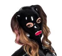 Cagoule en Latex Noir Masque Fétiche en Caoutchouc Unisexe Yeux Exposés Bouche avec Fermeture Cosplay pour Party Club(Size:XS-60CM)