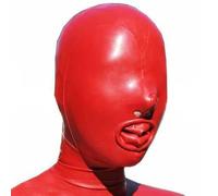 Cagoule en Latex Tête Couverture Rouge avec Fermeture éclair au Dos pour Couple Fétiche Cosplay BDSM(Size:S-63CM)