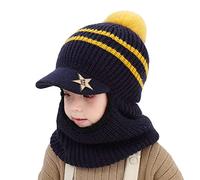 Cagoule Enfants Filles Garçons 3 en 1 Bonnet Pompon Casquette de Baseball Chapeau d'hiver Chapeau Capuche Tricoté Chapeaux Hiver Cache-Cou Chapeau Earflap pour Cyclisme Ski, Bleu foncé, 2-6ans