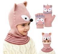 Cagoule Enfants Filles & Mitaine, Renard Bonnet Cagoule Chaud d'hiver, Flip Top Gants Chaleur Hivernale, Chaudes Moufles Demi-Doigts, Tricotés Gants sans Doigts pour Garçons Filles 5-10 Ans Rose