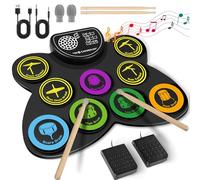 CAHAYA Batterie électronique 9 pads pour enfants débutants Batterie électronique enroulable avec 2 pédales Haut-parleur stéréo intégré Prend en charge la sortie casque 10 heures d'autonomie CY00370-1