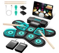 CAHAYA Set de coussinets de batterie électroniques: 9 coussinets portables de pratique électrique enroulables avec haut-parleur intégré, baguettes, pédales de pied, couleur bleue