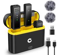 CAHAYA Microphone Lavalier sans fil 2,4 GHz : microphone cravate anti-bruit avec étui de charge Lightning Type-C et USB pour Android, iPhone, PC, audio Hi-Fi 64dBm 48 kHz