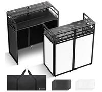 CAHAYA Stand DJ Booth Portable - Table DJ à Double Plateau Réglable en Hauteur pour Ordinateur Portable, Façade DJ avec Toiles Noires et Blanches, Sac de Transport, Passages de Câbles, 103,5 x 50 cm