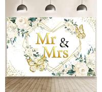 Caheansi Toile de fond de mariage Mr & Mrs 3 x 2 m - Fleurs blanches pailletées - Pois dorés et papillons - Pour photographie de mariage - Bannière de fiançailles - Bannière d'accessoires pour