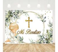 Caheansi Toile de fond Mi Bautizo vert sauge 1,5 x 1,2 m - Eucalyptus Dieu bénédiction Ange Verdure Photographie Baptême Mexicain Baptême Nouveau-né Fête Bannière Décorations Photo Booth Accessoires