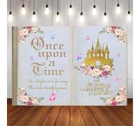 Caheansi Toile de fond « Once Upon a Time » de 1,5 x 1,2 m - Motif château rose et doré - Papillons - Conte de fées - Pour photographie - Bannière de gâteau - Décoration de table - Accessoires de