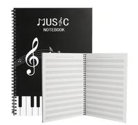 Cahier de musique manuscrite vierge épais de format A4, 5 lignes, relié en spirale, 50 feuilles/100 pages, comprenant des symboles de théorie musicale courante et un clavier de piano avec référence de