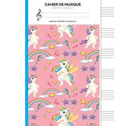 Cahier de musique: Pour enfant 6 grosses portées| partitions vierges pour apprendre le solfège et la composition musicale (50 pages) - A4 Thème Licorne rose