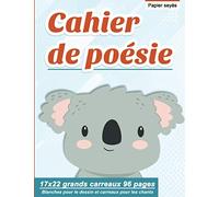 Cahier de poésie : 17x22 grands carreaux 96 pages | Blanches pour le dessin et carreaux pour les chants | Papier seyès (thème animaux, koala)