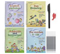 Cahier De Pratique Magique Réutilisable Pour Enfants, Ensemble De Cahier D'exercices D'écriture, 4 Livres + Stylo