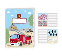 Cahier d'écriture « Feuerwehr » avec 32 pages lignées au format A5 | Ligné pour l'école à partir de la 1ère classe | Parfait pour l'école, la rentrée des classes ou les petits cadeaux | Pompier camion
