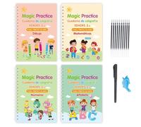 Cahier D'entraînement Magique Rainuré, lot de 4 Stylos et Poignée, Cahiers Magiques Réutilisables pour Enfants, Cahiers D'exercices D'écriture Magique pour Enfants de 4 5 6 7 8 ans (Espagnol)