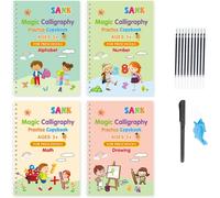 Cahier D'entraînement Magique Rainuré, Lot De 4 Stylos Et Poignée, Cahiers Magiques Réutilisables Pour Enfants, Cahiers D'exercices D'écriture Magique Pour Enfants De 4 5 6 7 8 Ans (Anglais)