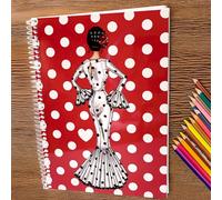 Cahier Flamenca Maria - 100 feuilles quadrillées, 17 x 24 cm, couverture semi-rigide rouge à pois blancs, papier 80 g, motif illustré avec cœurs et Marie blanche