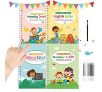 Cahiers de magie pour enfants - Kit d'exercice d'écriture réutilisable avec rainures - 4 pièces pour dessiner des lettres, des chiffres et des activités de dessin pour enfants d'âge préscolaire