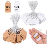 Caianwin Lot de 200 mini étiquettes de prix avec cordon élastique, 26 x 13 mm, étiquettes blanches et marron, petites étiquettes suspendues pour présentation de bijoux