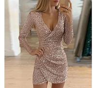 CAIAO Fashion Femmes Sexy Sequin Glitter V Neck Mini Couleur Solide Body Robe Femme Femme Long Manche Club Party Vêtements-Pink,S