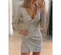 CAIAO Fashion Femmes Sexy Sequin Glitter V Neck Mini Couleur Solide Body Robe Femme Femme Long Manche Club Party Vêtements-Silver,M