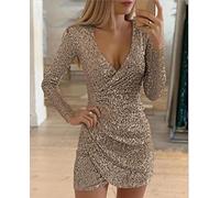 CAIAO Fashion Femmes Sexy Sequin Glitter V Neck Mini Couleur Solide Body Robe Femme Femme Long Manche Club Party Vêtements-Dark Gold,M