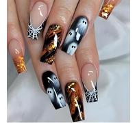 Caiguoer 24pcs carrés toile d'araignée Halloween faux ongles fantômes citrouille faux ongles longueur par ongles pour les femmes et les filles (A, Une taille)