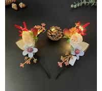 Caiguoer Bandeau de Noël à DEL avec fleur - Bandeau lumineux en bois de bois de cerf pour femme (lumières chaudes, rouge-A)