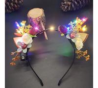 Caiguoer Bandeau de Noël à fleurs LED - Serre-tête lumineux en bois de bois pour femme (lumières colorées) - Marron