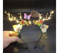 Caiguoer Bandeau de Noël lumineux à DEL avec fleurs - Serre-tête en bois de bois de cerf pour femme (lumières chaudes-A)