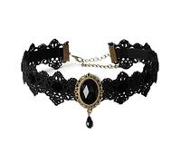 Caiguoer collier dentelle noire collier pendentif en cristal velours Vintage bijoux gothique fleur creuse Choker accessoires d’halloween pour femmes et filles (A)