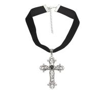 Caiguoer Gothique Argent Vintage Croix Collier Grand Gravé Fleur Croix Collier Halloween Accessoires pour Femmes et Filles, Métal