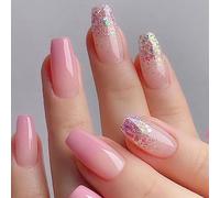 Caiguoer Lot de 24 faux ongles carrés à paillettes Rose dégradé pour femmes et filles