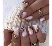 Caiguoer Lot de 24 faux ongles carrés blancs et violets en feuille d'or pour femmes et filles
