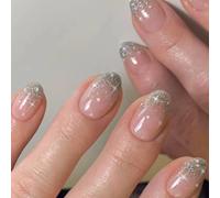 Caiguoer Lot de 24 faux ongles courts dégradés à paillettes pour femmes et filles (A)