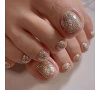 Caiguoer Lot de 24 faux ongles d'orteils à paillettes rose/doré pour femmes et filles (A, Universel)